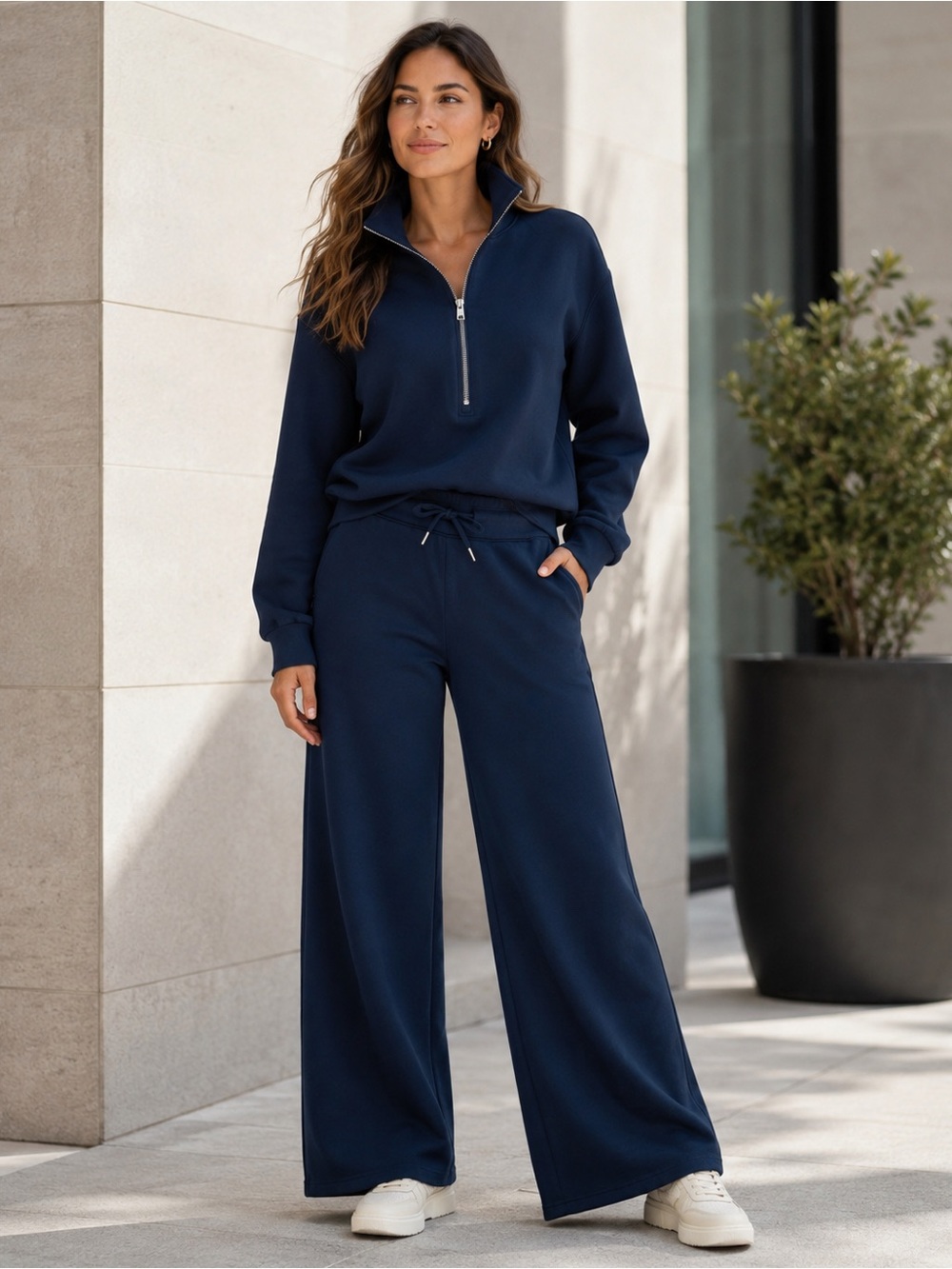 SPANX AirEssentials Navy Half Zip & Wide Leg Pant Matching Set | XS | Athleisure